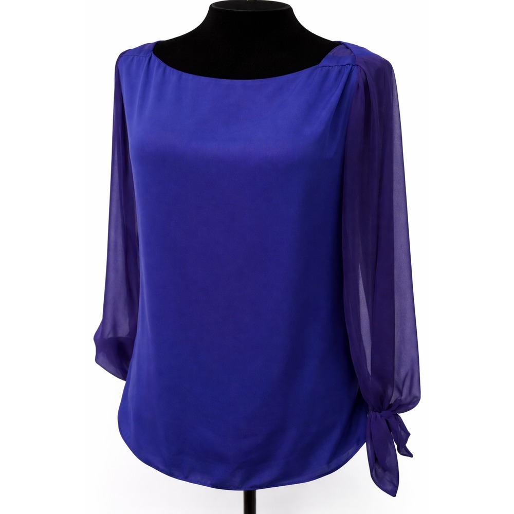Tahari Womens Cold Shoulder Blouse Large Purple Boat Neck Long Sheer‎ Sleeves